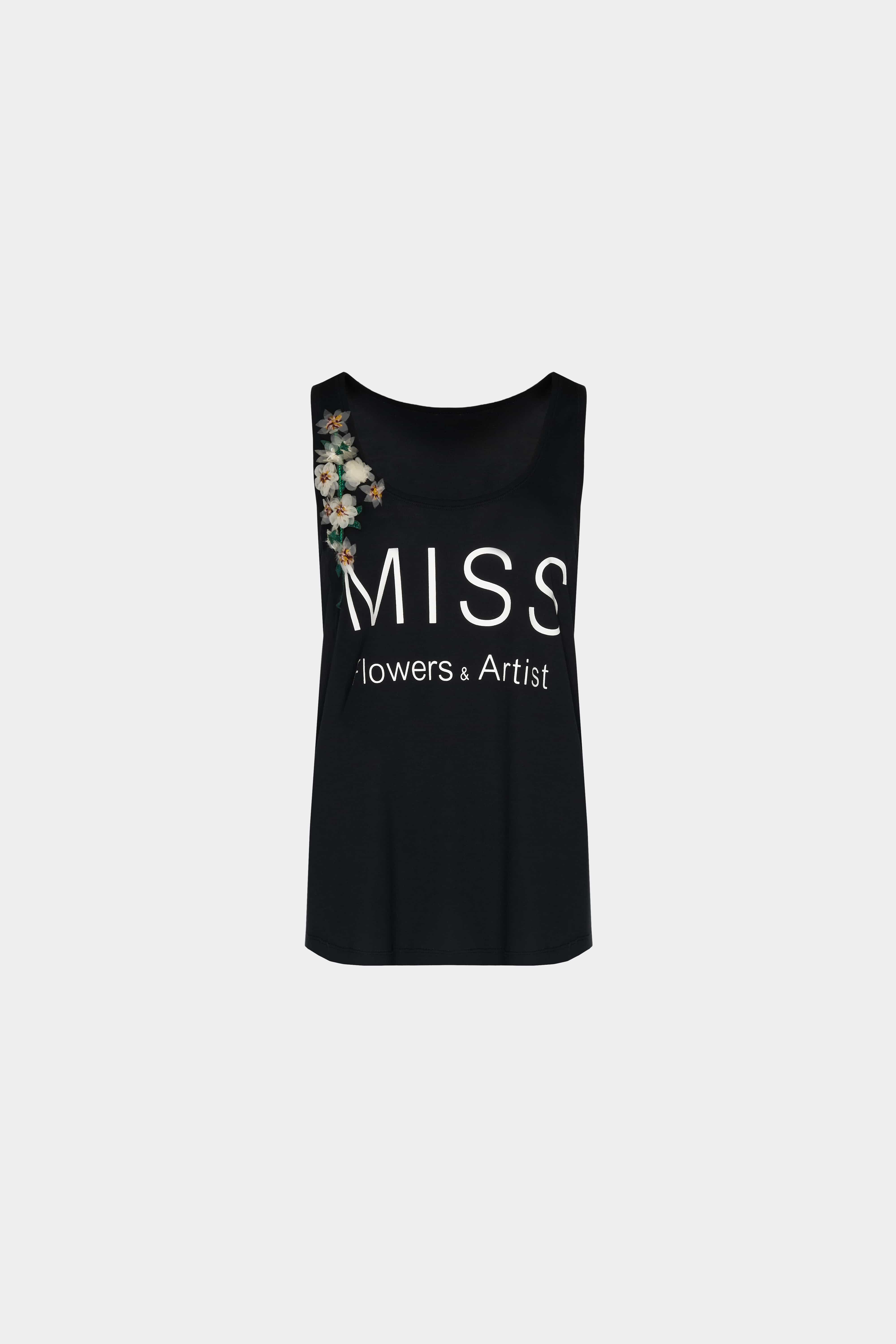 Чорна майка з вишивкою та написом Miss Sixty